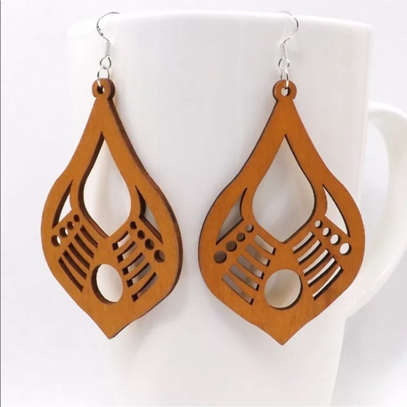 Hand Carves Hollow Wood Drop Earrings - Picture 1 of 4